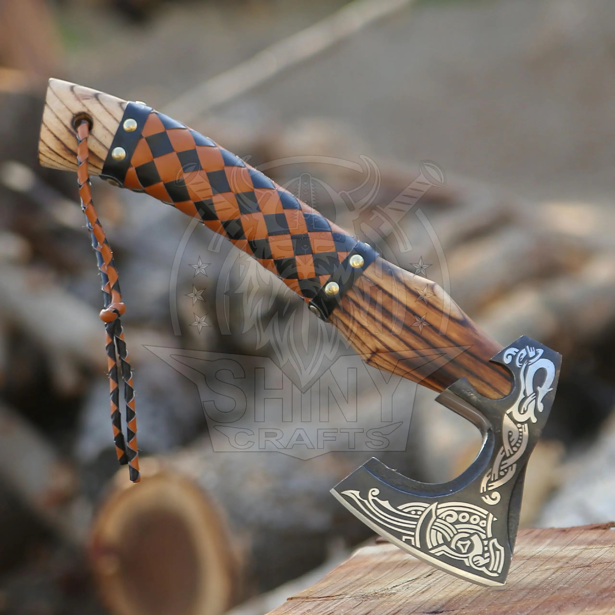 Viking Axe – Hand-Forged Norse Axe with Engraved Handle & Leather Sheath