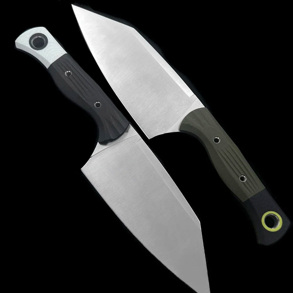 Two knives with black handles on a white background