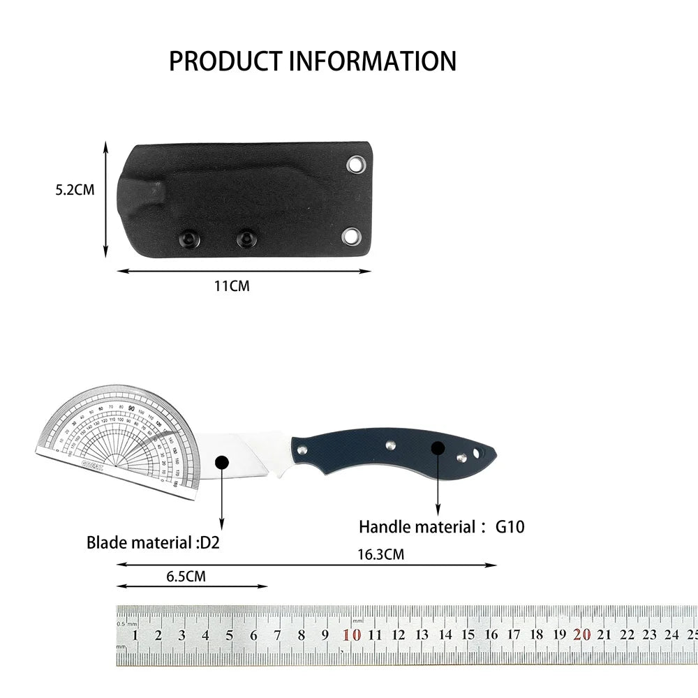 Measurement chart of a knife with dimensions and material details on a white background